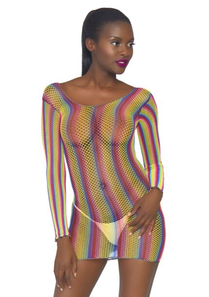 Rainbow Fishnet Long Sleeved Mini Dress